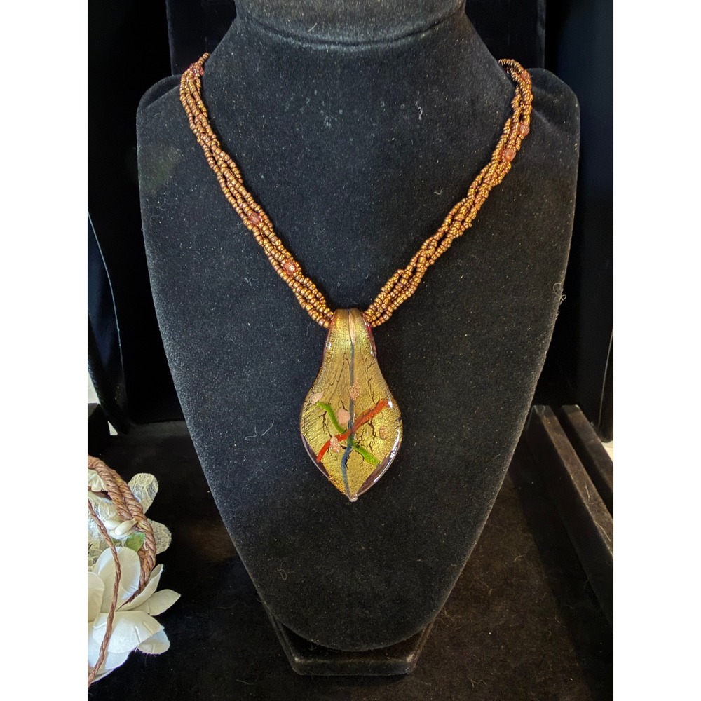 Murano Style Glass Pendant Necklace Bronze Seed Bead Multi Strand Gold Foil 18in